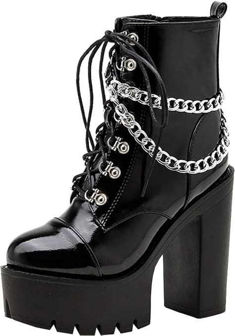 Parisuit Womens Chunky Platform Goth Combat Boots With Chains Punk