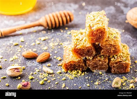 Homemade Baklava With Nuts And Honey Selective Focus Stock Photo Alamy