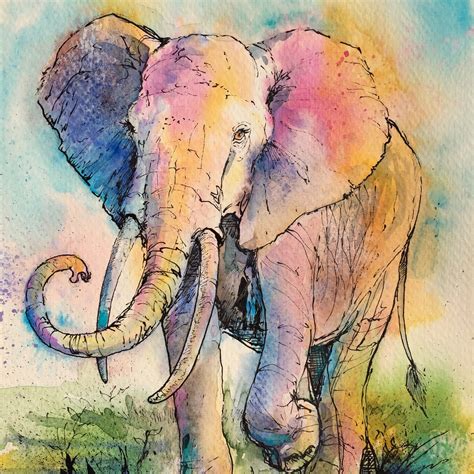 Elephant Watercolor Painting Elephant Painting Colorful Etsy