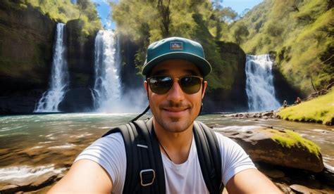premium photo handsome tourist man taking selfie photo in front of a waterfall