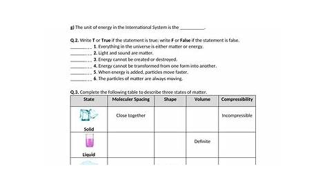 matter and energy worksheet