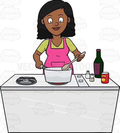 A Black Woman Looks Happy At The Yummy Dish She Is Cooking Pink Apron Cartoon Clip Art Tasty