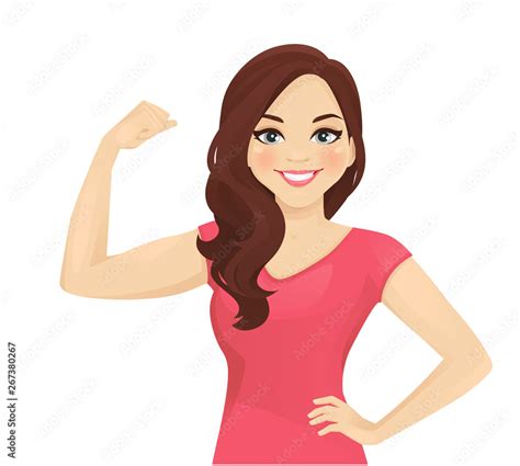portrait of smiling beatiful woman with curly hairstyle showing bicep on her arm isolated vector