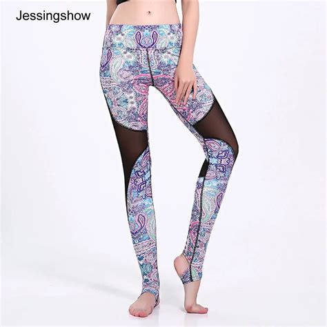 Jessingshow New Women Yoga Pants Sports Foot Tights Printing Mesh Fitness Stirrup Trousers