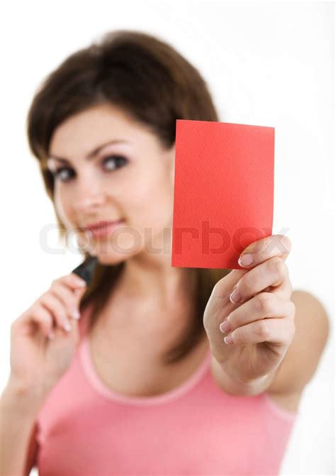 An Image Of A Nice Woman Showing Red Card Stock Image Colourbox