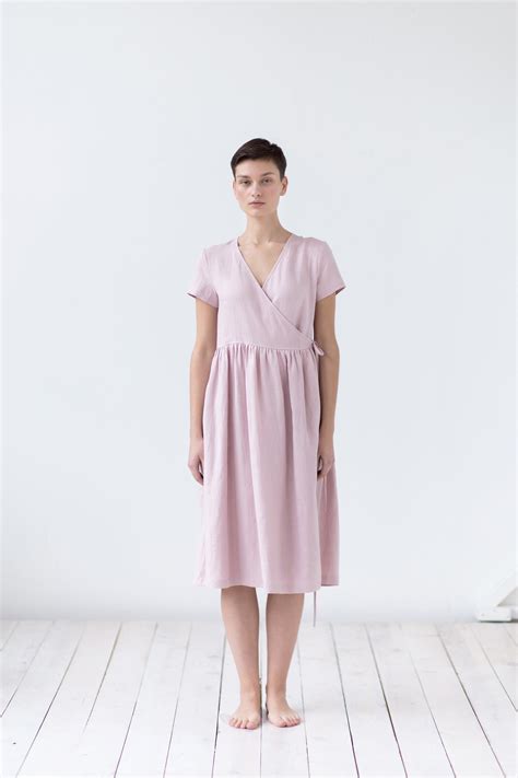 Linen Wrap Dress Midi Linen V Neck Dress Handmade By Mits Etsy Uk