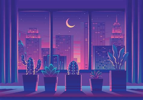 Cozy Room With City Landscape From Window Illustration Window