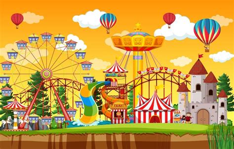 Premium Vector Amusement Park Scene At Daytime With Balloons In The Sky
