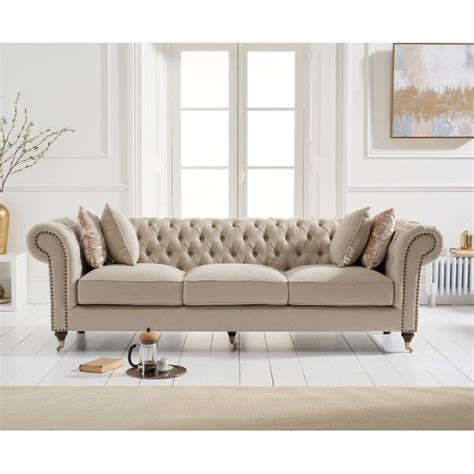 Camara Chesterfield Cream Linen 3 Seater Sofa Living Room From Breeze