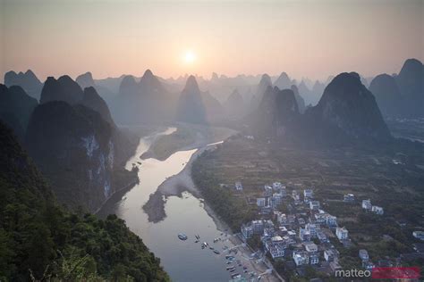 Sunrise Over Li River And Famous Karst Mountains China Royalty