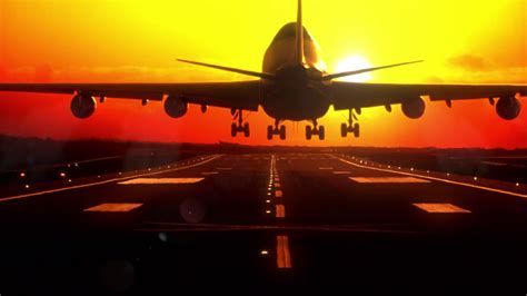 Airplane Landing At Sunset Long Focus Lens Beautiful Very Realistic