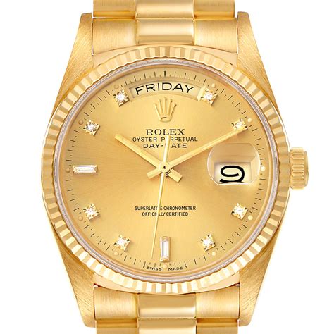 Rolex President Day Date Yellow Gold Diamond Mens Watch 18038