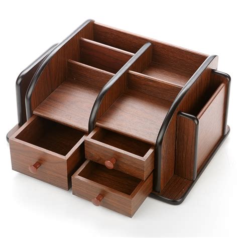 Myt Classic Brown Wood Office Supplies Desk Organizer Rack With 3