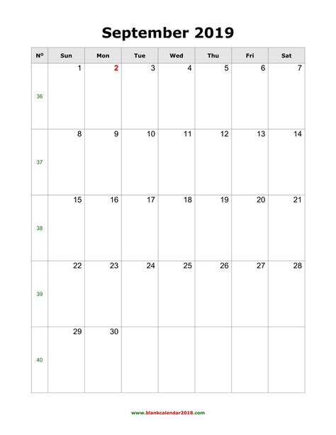 Blank Calendar September 2019 Portrait