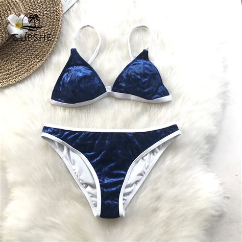 Buy Cupshe Sapphire Blue Triangle Bikini Set Women Velvet Back Hook Sexy Thong