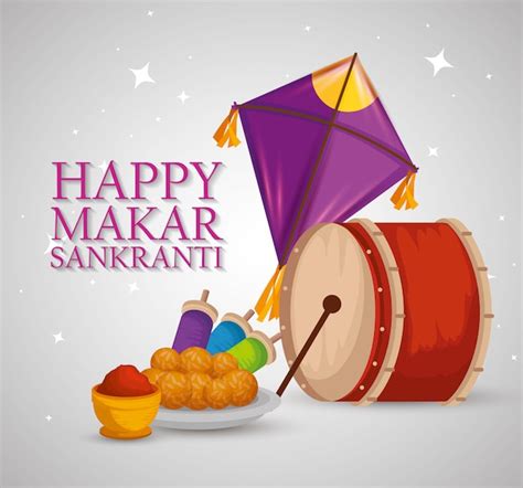 Makar Sankranti Greeting With Kites And Drum Vector Free Download