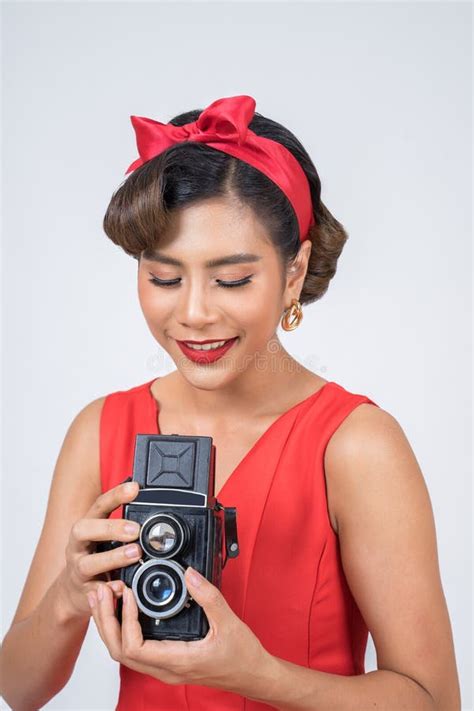 Happy Fashion Woman Photographer Hands Holding Retro Vintage Camera