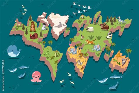 World Map With Cute Animals For Children Vector Cartoon Flat