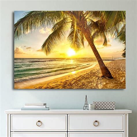 Tropical Ocean Beach Sunrise Sunset Seascape Framed Panel Piece Canvas Wall Art Painting