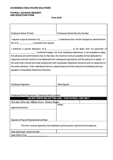 Advance salary application form format. Form E-64 - Payroll Advance Request And Deduction Form ...