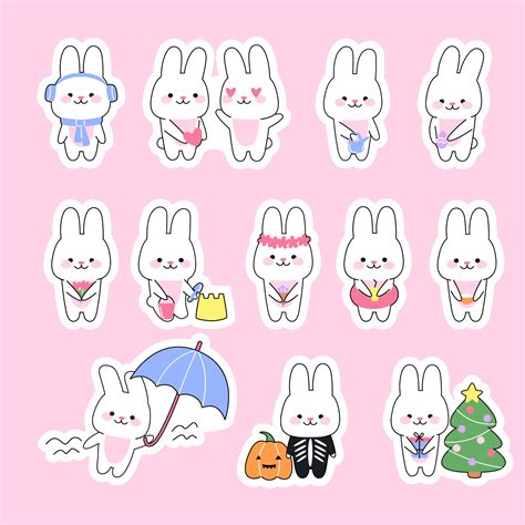 Set Of 12 Stickers Cute Kawaii Rabbits Funny Bunny Character In Varios Poses Concept Holidays