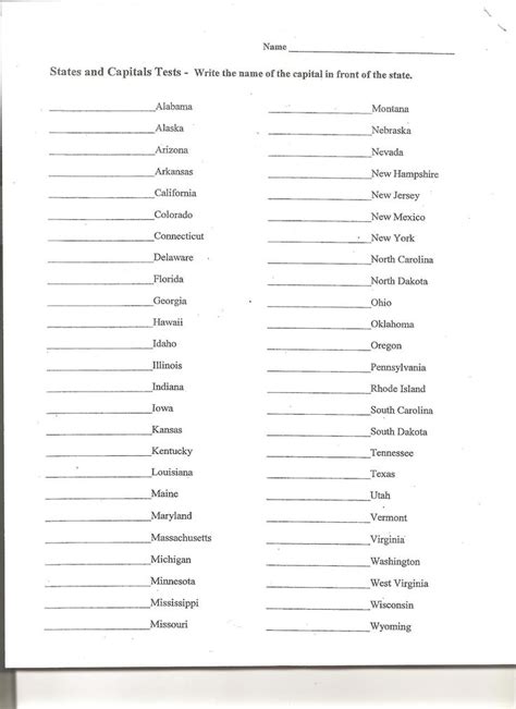 Printable States And Capitals Test