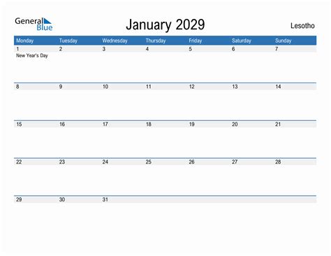 Editable January 2029 Calendar With Lesotho Holidays