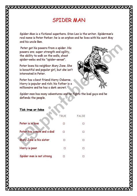 Spiderman Reading Esl Worksheet By Tefyamashiro