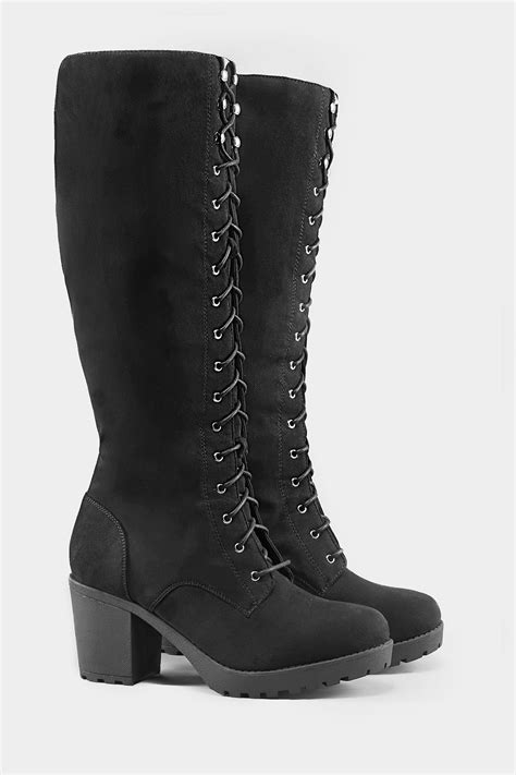 Black Lace Up Heeled Knee High Boots In Extra Wide Fit Yours Clothing