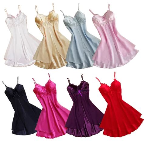 Hot Sexy Women Sexy Lingerie Lace Short Mini Braces Nightdress Smooth Satin Nightgown Pajams