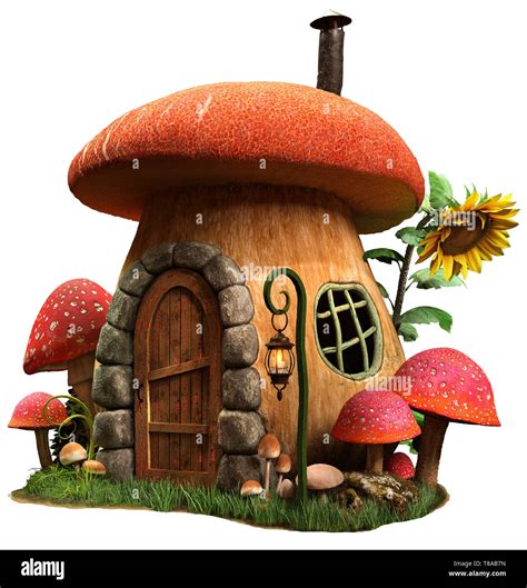 Mushroom House And Sunflower 3d Illustration Stock Photo Alamy