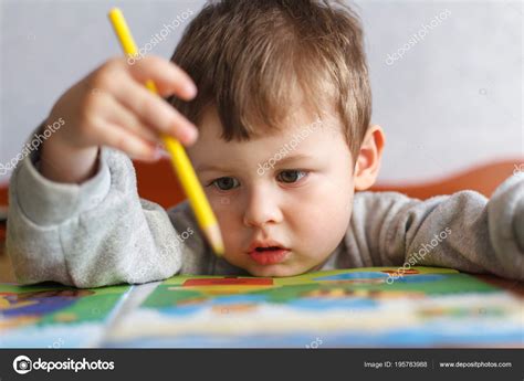 Little Boy Drawing Color Pencils Cute Boy Holding Color Pencils Stock