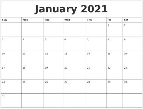 January 2021 Calender Print