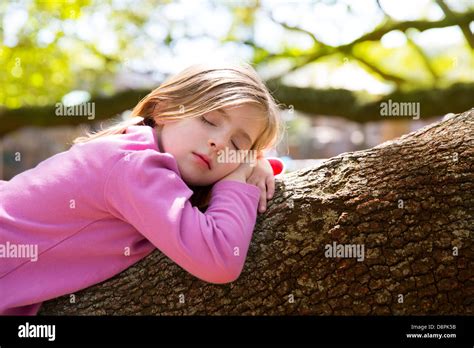 Blond Children Kid Girl Having A Nap Lying On A Tree Branch Stock Photo