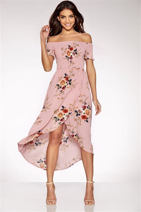 Pink Floral Print Bardot Wrap Dress Quiz Clothing Dresses