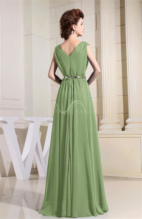 Sage Green Casual V Neck Sleeveless Chiffon Pleated Bridesmaid Dresses