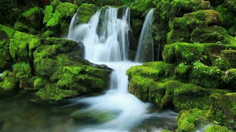 Nature Green Hd Wallpaper Cascading Waterfalls Rocks Covered With Moss