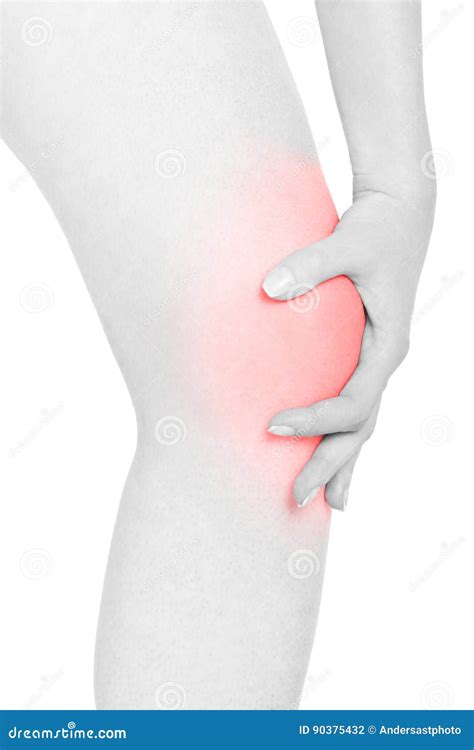 Woman Touching Her Red Painful Kneecap Clipping Path Stock Photo