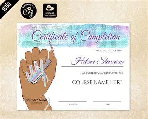 Certificate Of Completion Certificate Template Nail Etsy