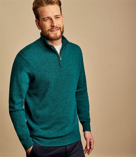 Deep Teal Marl Mens Cashmere And Merino Zip Neck Jumper Woolovers Uk