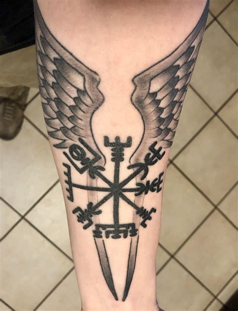 First Tattoo Vegvisir Rune With Valkyrie Wings By Brian Cotney At