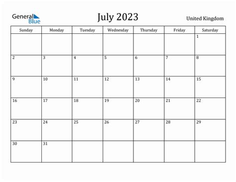 July 2023 Monthly Calendar With United Kingdom Holidays