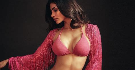 Mouni Roy In Tiny Pink Bikini Top And White Underwear With A Scarf Around Her Waist Flaunts Her