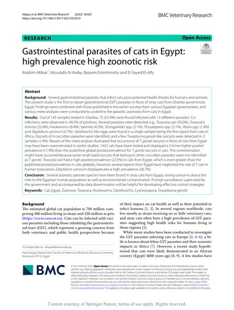 Pdf Gastrointestinal Parasites Of Cats In Egypt High Prevalence High
