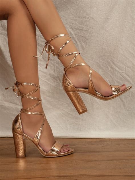 Metallic Chunky Heeled Gladiator Sandals Gold Lace Up Heels Gold