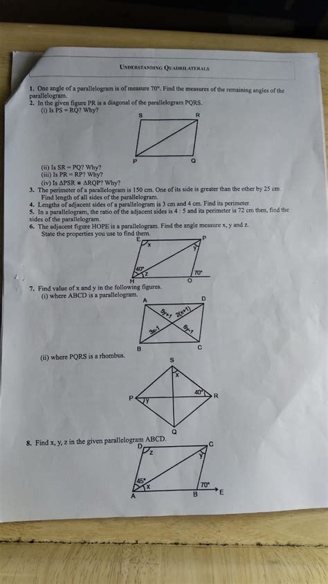 Ratings 46% (37) 17 out of 37 people found this document helpful. two adjacent angles of a parallelogram have equal measure find the measure of each of the angles ...