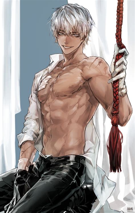 An Anime Character With White Hair And No Shirt Holding A Red Rope In His Hand