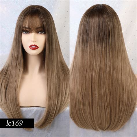 Long Straight Brown Ombre Light Blonde Synthetic Hair Wigs With Bangs