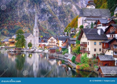 Classic Postcard View Of Famous Hallstatt Lakeside Town Reflecting In