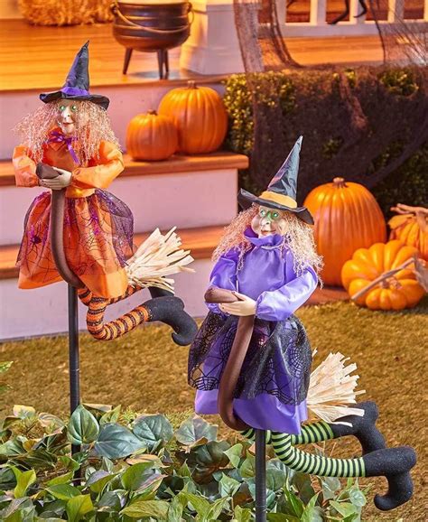 Flying Lighted Witch Ground Stakes Outdoor Halloween Decorations